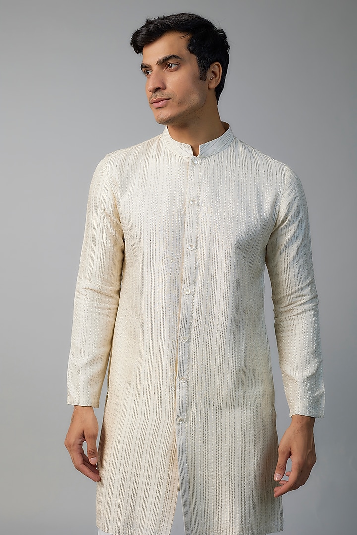 Ivory Chanderi Zari Embroidered Kurta Set by NAFS at Pernia's Pop Up Shop