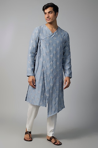 Blue Chanderi Floral & Zari Embroidered Angarkha Kurta Set by NAFS