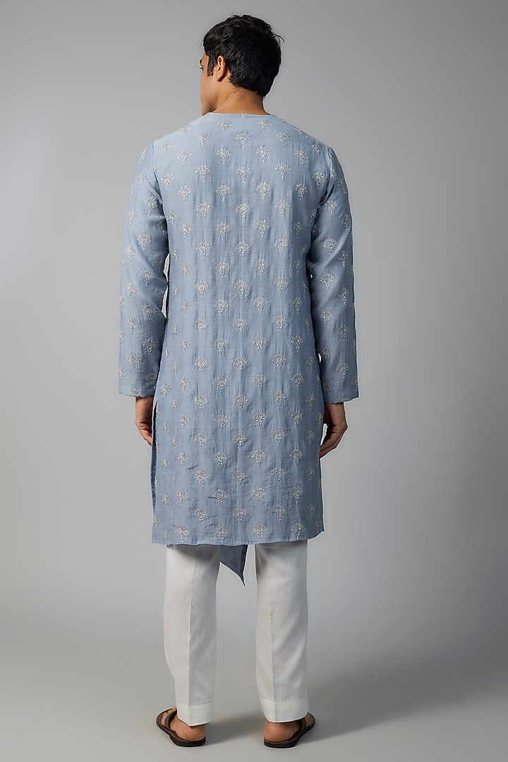 Blue Chanderi Floral & Zari Embroidered Angarkha Kurta Set by NAFS at Pernia's Pop Up Shop