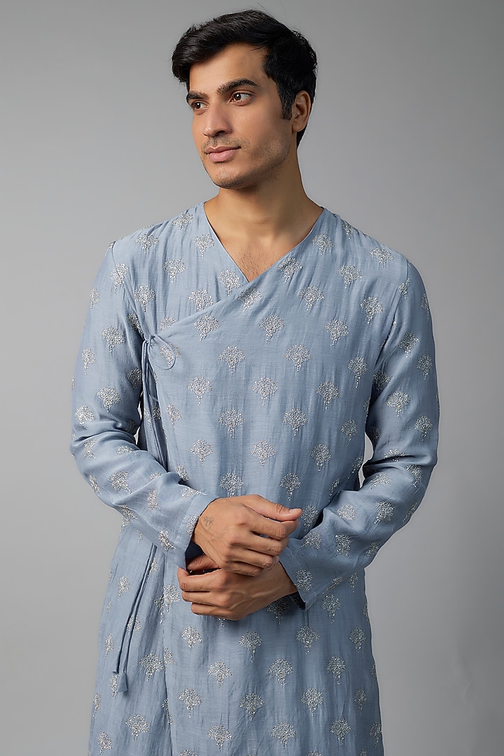 Blue Chanderi Floral & Zari Embroidered Angarkha Kurta Set by NAFS at Pernia's Pop Up Shop
