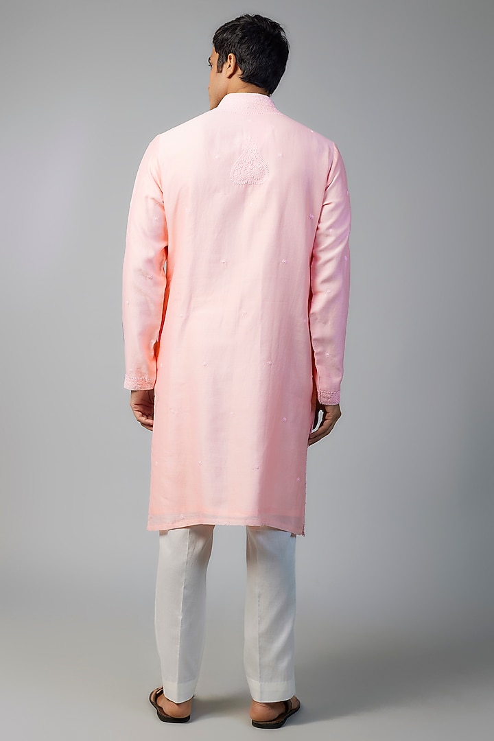 Pink Chanderi Chikankari Hand Embroidered Kurta Set by NAFS at Pernia's Pop Up Shop