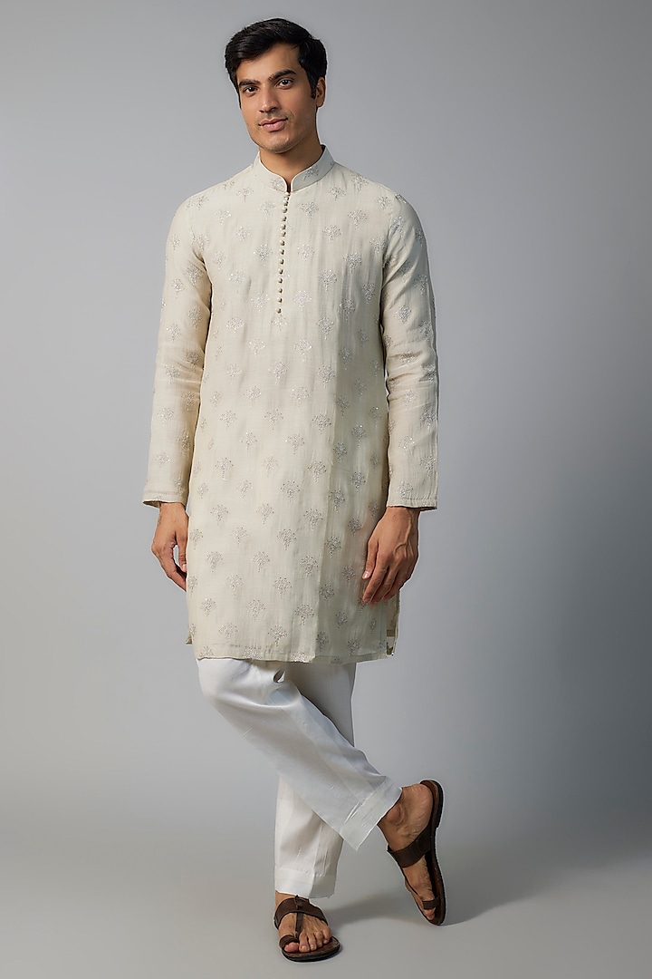 Grey Chanderi Boota & Floral Embroidered Kurta Set by NAFS