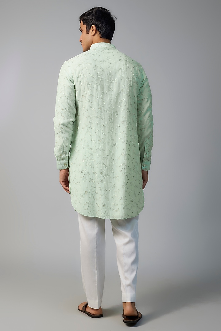Seafoam Chanderi Zari & Floral Embroidered Kurta Set by NAFS at Pernia's Pop Up Shop