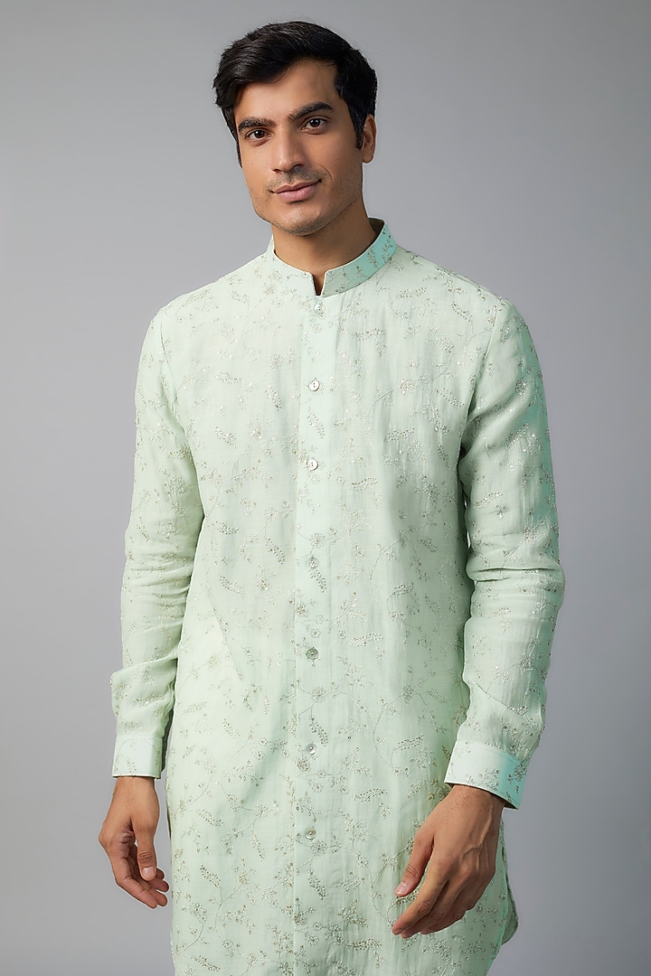 Seafoam Chanderi Zari & Floral Embroidered Kurta Set by NAFS at Pernia's Pop Up Shop