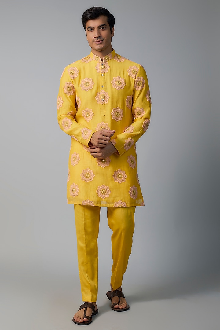Yellow Chanderi Floral Embroidered Kurta Set by NAFS