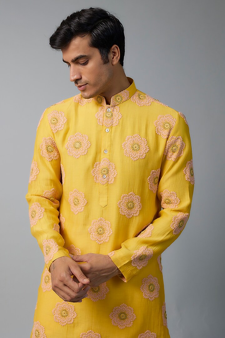 Yellow Chanderi Floral Embroidered Kurta Set by NAFS at Pernia's Pop Up Shop