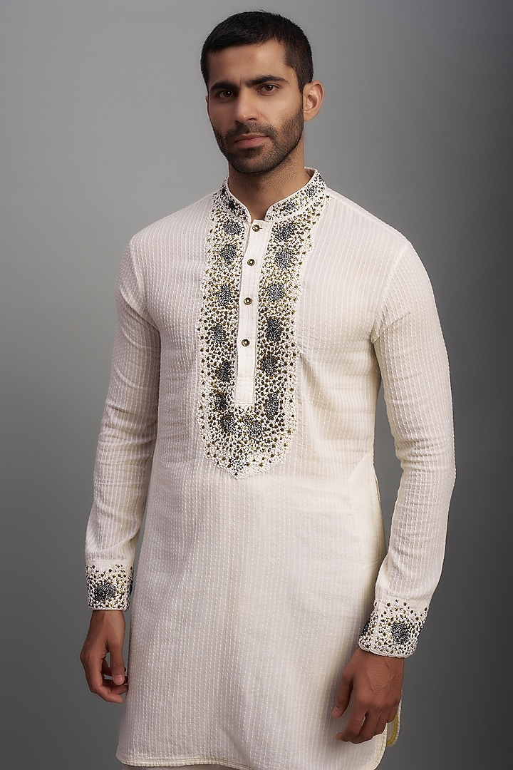 Ivory Kora Cotton Hand Embroidered Kurta Set by NAFS at Pernia's Pop Up Shop