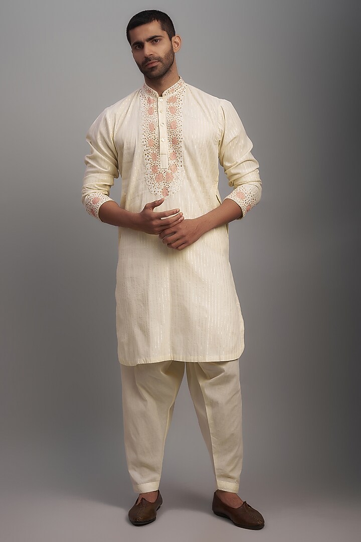 Ivory Cotton Lurex Hand Embroidered Kurta Set by NAFS at Pernia's Pop Up Shop