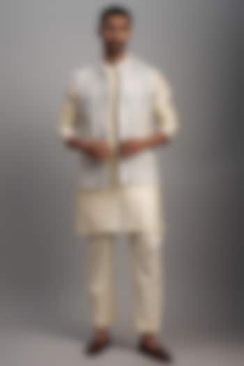 Pastel Blue Chanderi Brocade Tie-Dyed & Embroidered Bundi Set by NAFS at Pernia's Pop Up Shop