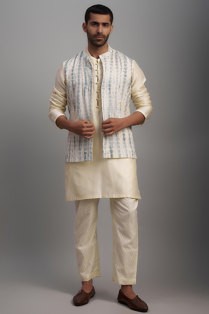 Pastel Blue Chanderi Brocade Tie-Dyed & Embroidered Bundi Set by NAFS at Pernia's Pop Up Shop