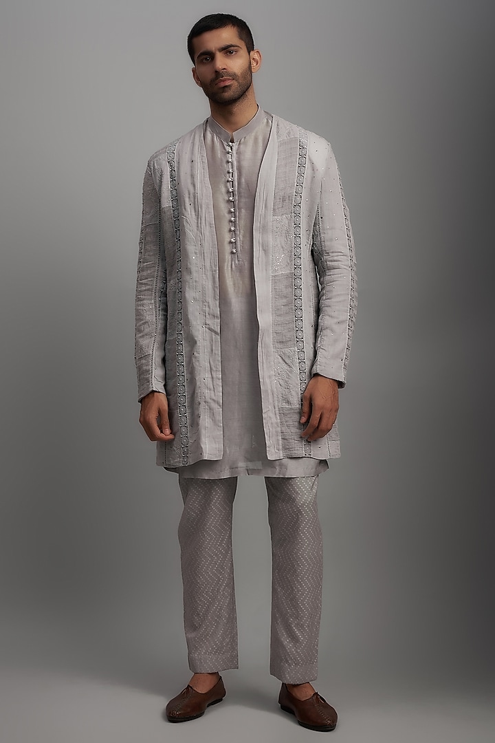 Dove Grey Chanderi Embroidered Indowestern Jacket Set by NAFS