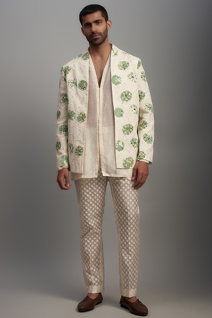Ivory Cotton Hand Embroidered Wedding Indowestern Jacket Set by NAFS at Pernia's Pop Up Shop