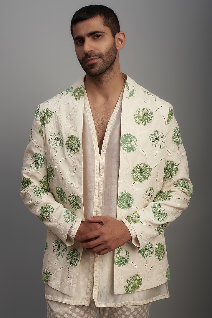 Ivory Cotton Hand Embroidered Wedding Indowestern Jacket Set by NAFS at Pernia's Pop Up Shop