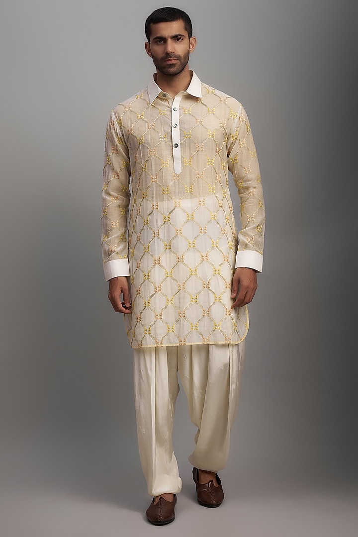 Ivory Chanderi Embroidered Kurta Set by NAFS at Pernia's Pop Up Shop