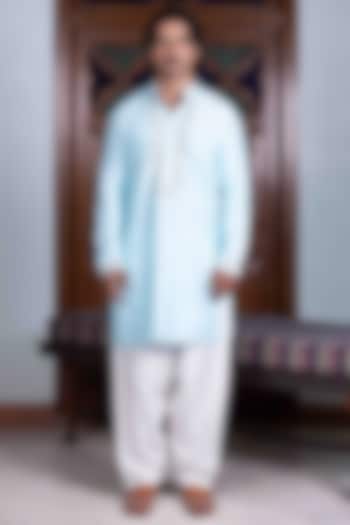 Ferozi Blue Tussar Silk Mirror Work Kurta Set by NAFS at Pernia's Pop Up Shop