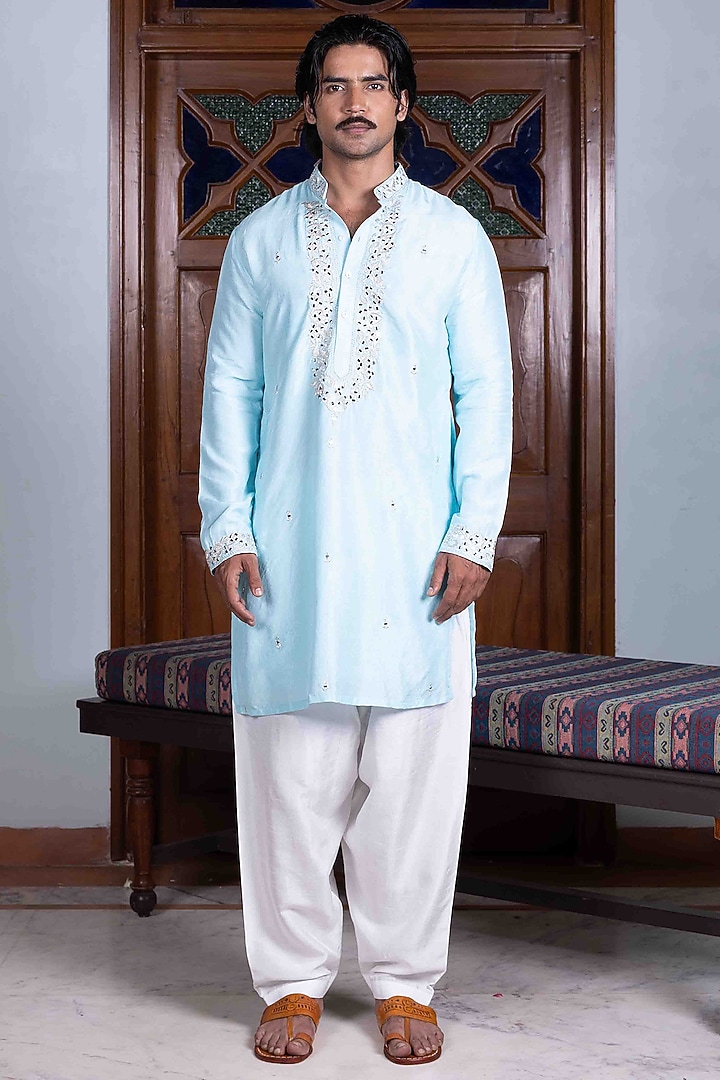 Ferozi Blue Tussar Silk Mirror Work Kurta Set by NAFS at Pernia's Pop Up Shop