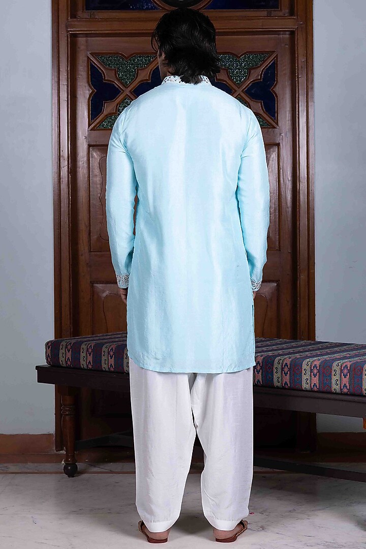 Ferozi Blue Tussar Silk Mirror Work Kurta Set by NAFS at Pernia's Pop Up Shop