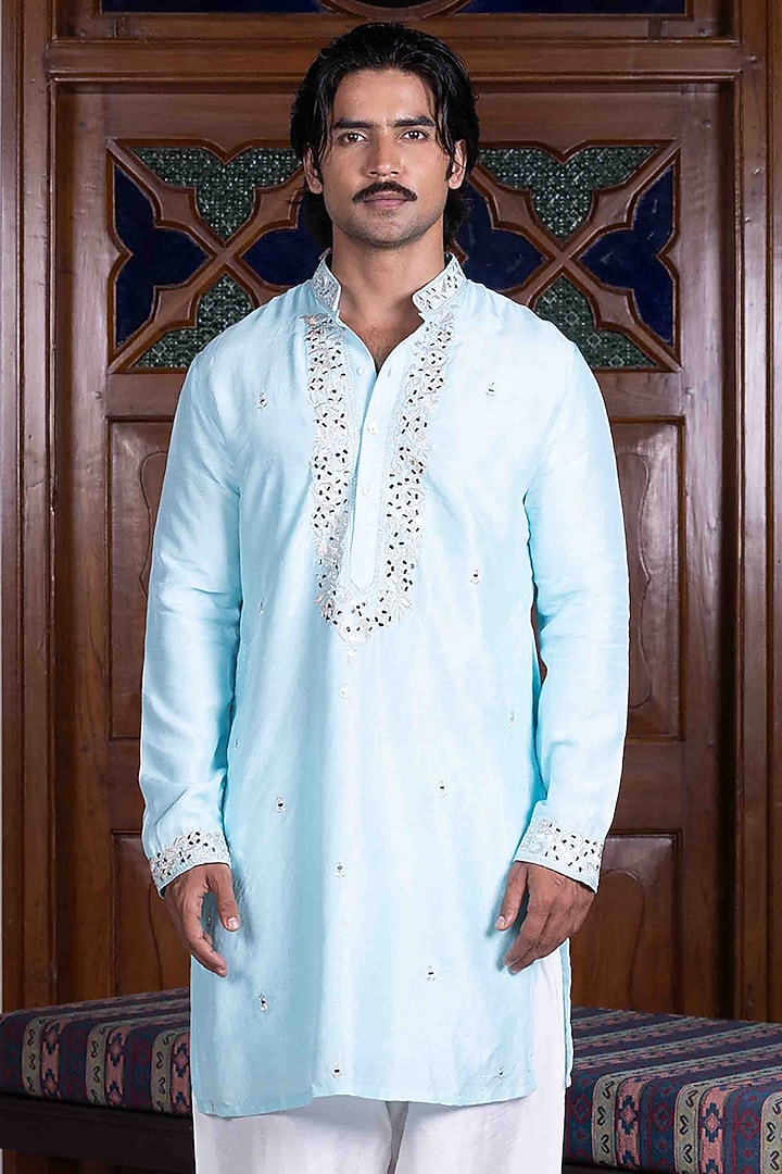 Ferozi Blue Tussar Silk Mirror Work Kurta Set by NAFS at Pernia's Pop Up Shop