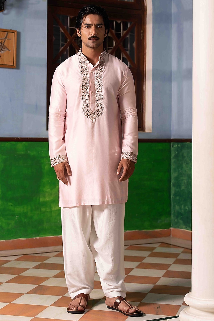 Pink Tussar Silk Mirror Work Kurta Set by NAFS at Pernia's Pop Up Shop