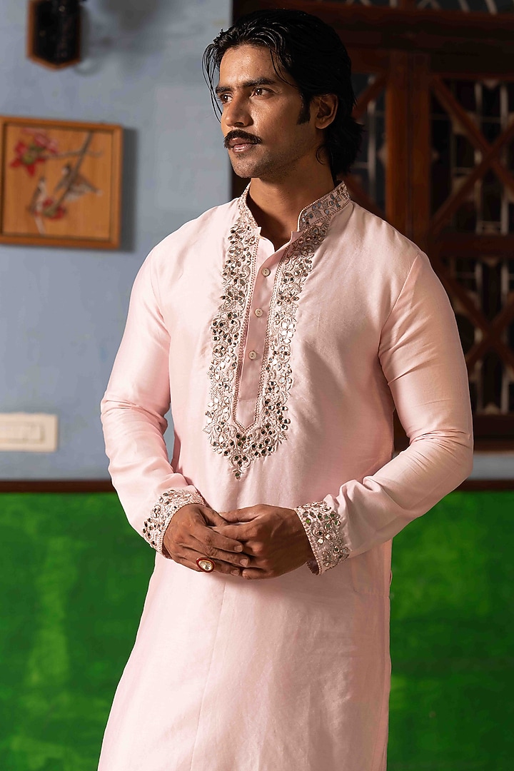 Pink Tussar Silk Mirror Work Kurta Set by NAFS at Pernia's Pop Up Shop