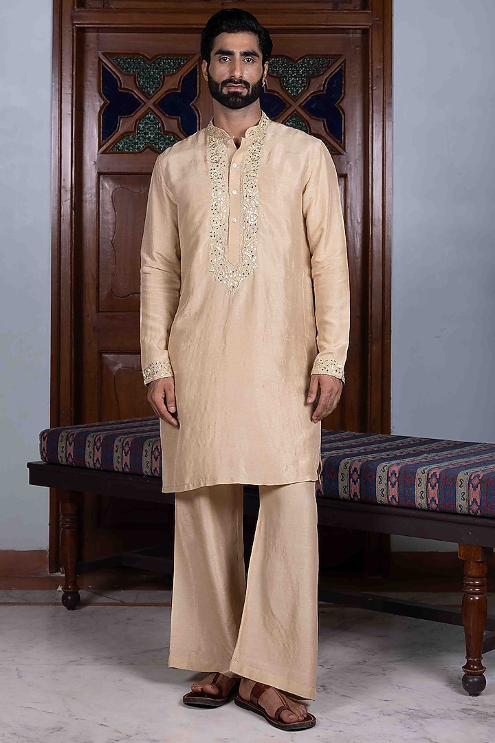 Sand Beige Tussar Silk Mirror Work Kurta Set by NAFS at Pernia's Pop Up Shop