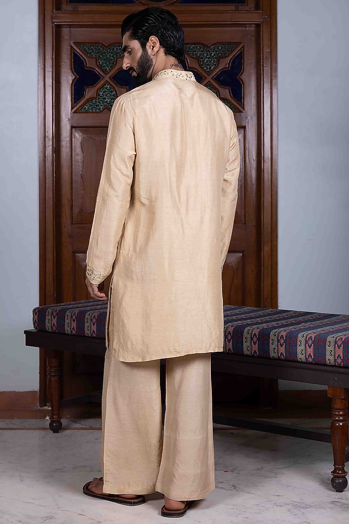 Sand Beige Tussar Silk Mirror Work Kurta Set by NAFS at Pernia's Pop Up Shop