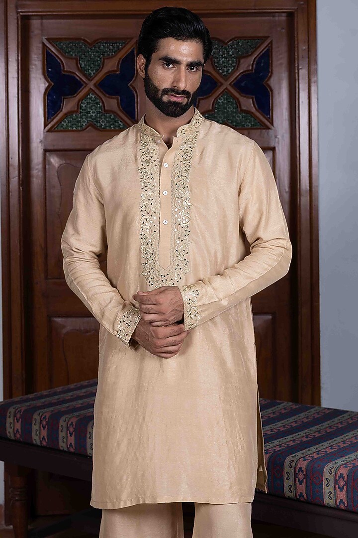 Sand Beige Tussar Silk Mirror Work Kurta Set by NAFS at Pernia's Pop Up Shop