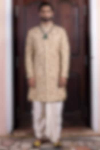 Beige Tussar Silk Zardosi Embroidered Groom Sherwani Set by NAFS at Pernia's Pop Up Shop