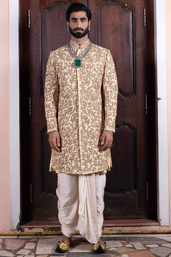 Beige Tussar Silk Zardosi Embroidered Groom Sherwani Set by NAFS at Pernia's Pop Up Shop