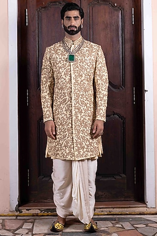 Beige Tussar Silk Zardosi Embroidered Sherwani Set by NAFS