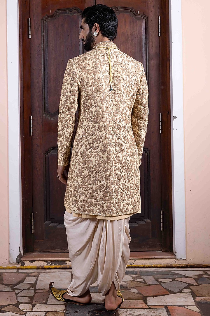 Beige Tussar Silk Zardosi Embroidered Groom Sherwani Set by NAFS at Pernia's Pop Up Shop