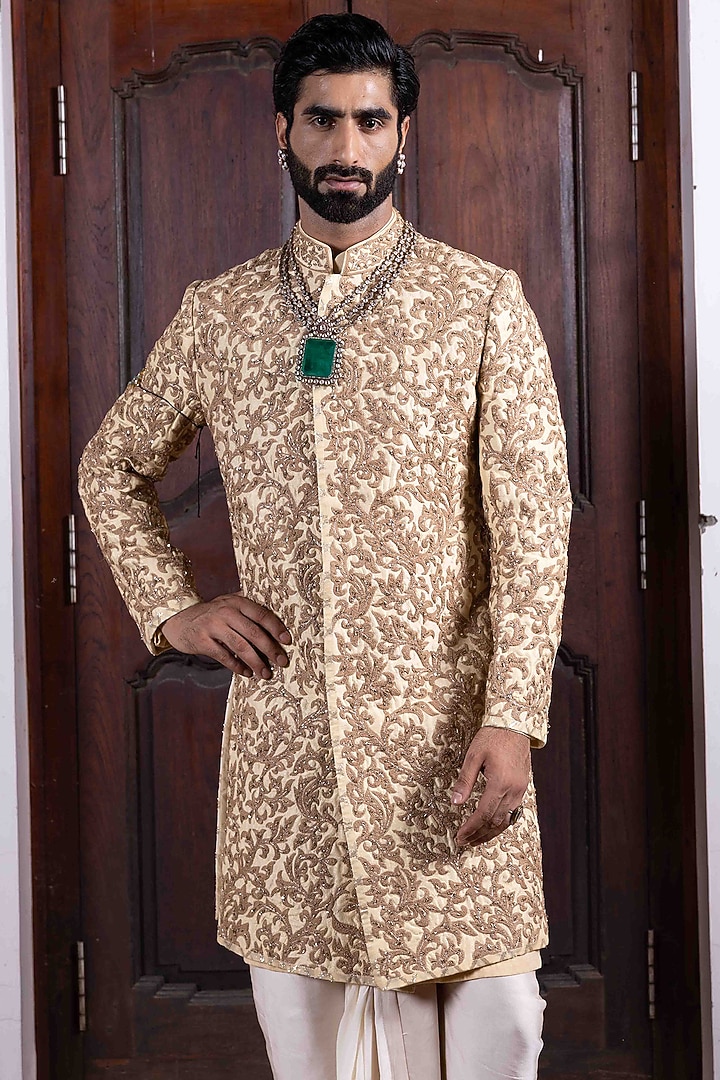 Beige Tussar Silk Zardosi Embroidered Groom Sherwani Set by NAFS at Pernia's Pop Up Shop