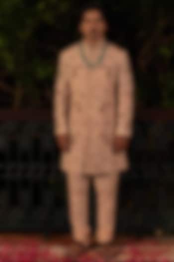 Beige Matka Silk Zardosi Embroidered Groom Sherwani Set by NAFS at Pernia's Pop Up Shop