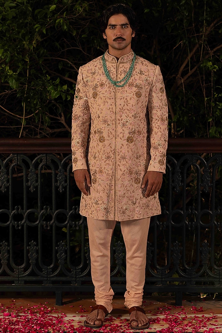 Beige Matka Silk Zardosi Embroidered Groom Sherwani Set by NAFS at Pernia's Pop Up Shop