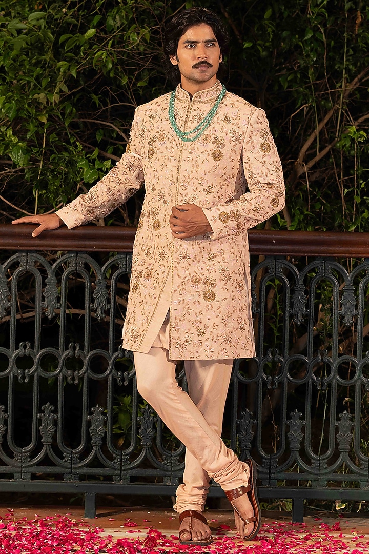 Beige Matka Silk Zardosi Embroidered Groom Sherwani Set by NAFS at Pernia's Pop Up Shop