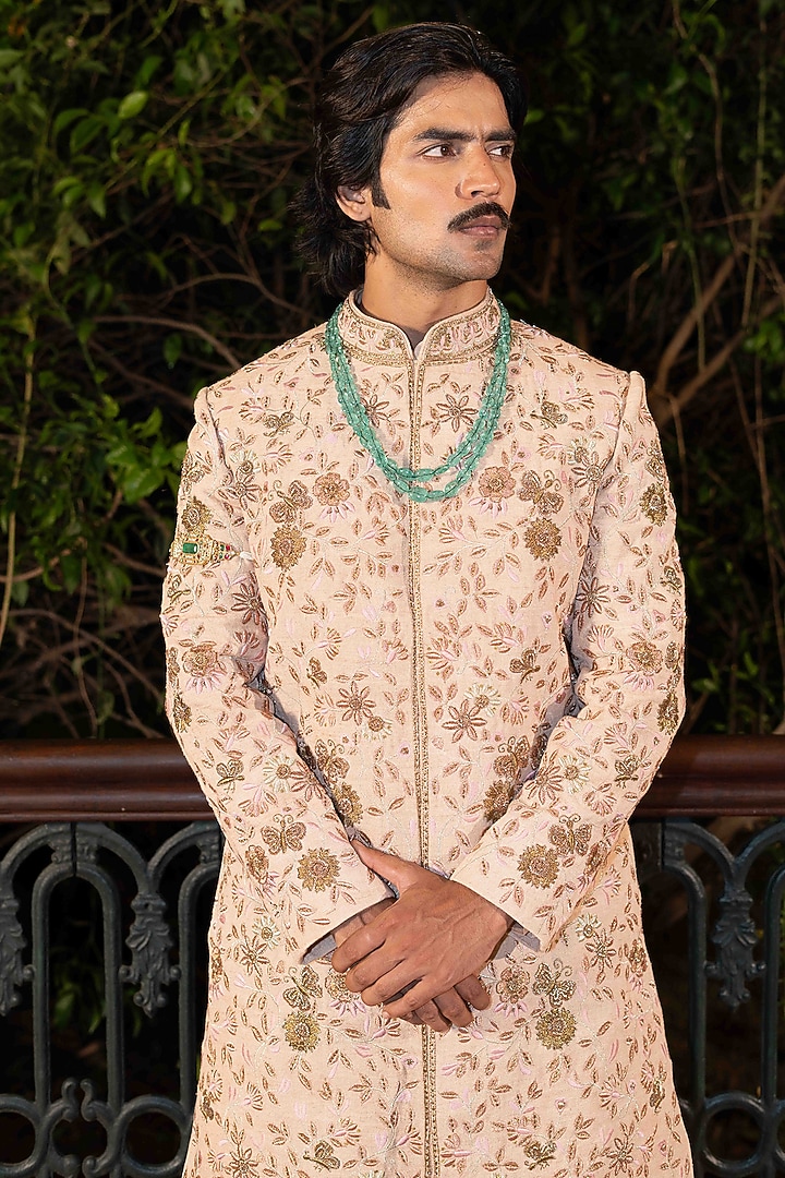 Beige Matka Silk Zardosi Embroidered Groom Sherwani Set by NAFS at Pernia's Pop Up Shop