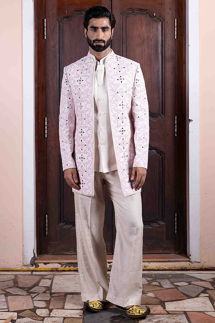 Soft Pink Tussar Silk Mirror Work Long Jacket Set by NAFS at Pernia's Pop Up Shop
