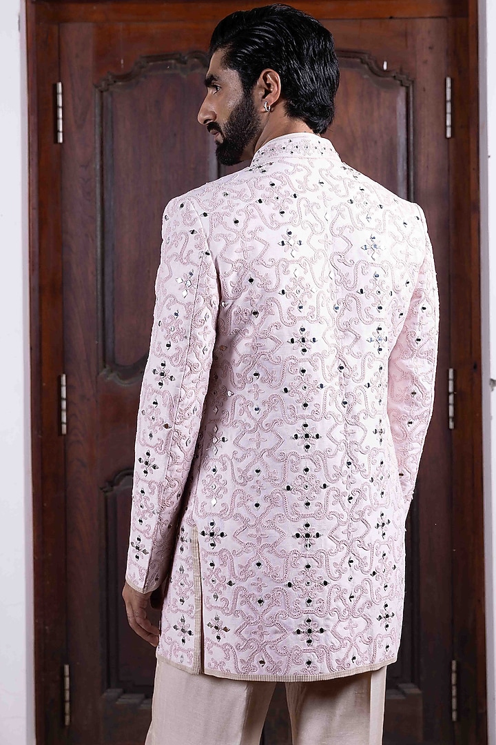 Soft Pink Tussar Silk Mirror Work Long Jacket Set by NAFS at Pernia's Pop Up Shop