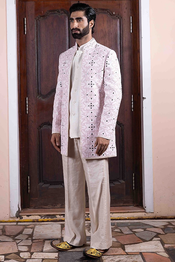 Soft Pink Tussar Silk Mirror Work Long Jacket Set by NAFS at Pernia's Pop Up Shop