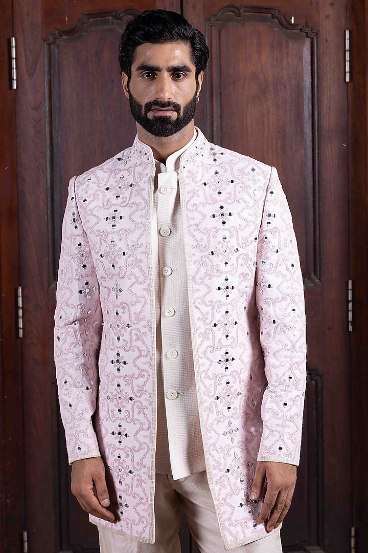 Soft Pink Tussar Silk Mirror Work Long Jacket Set by NAFS at Pernia's Pop Up Shop