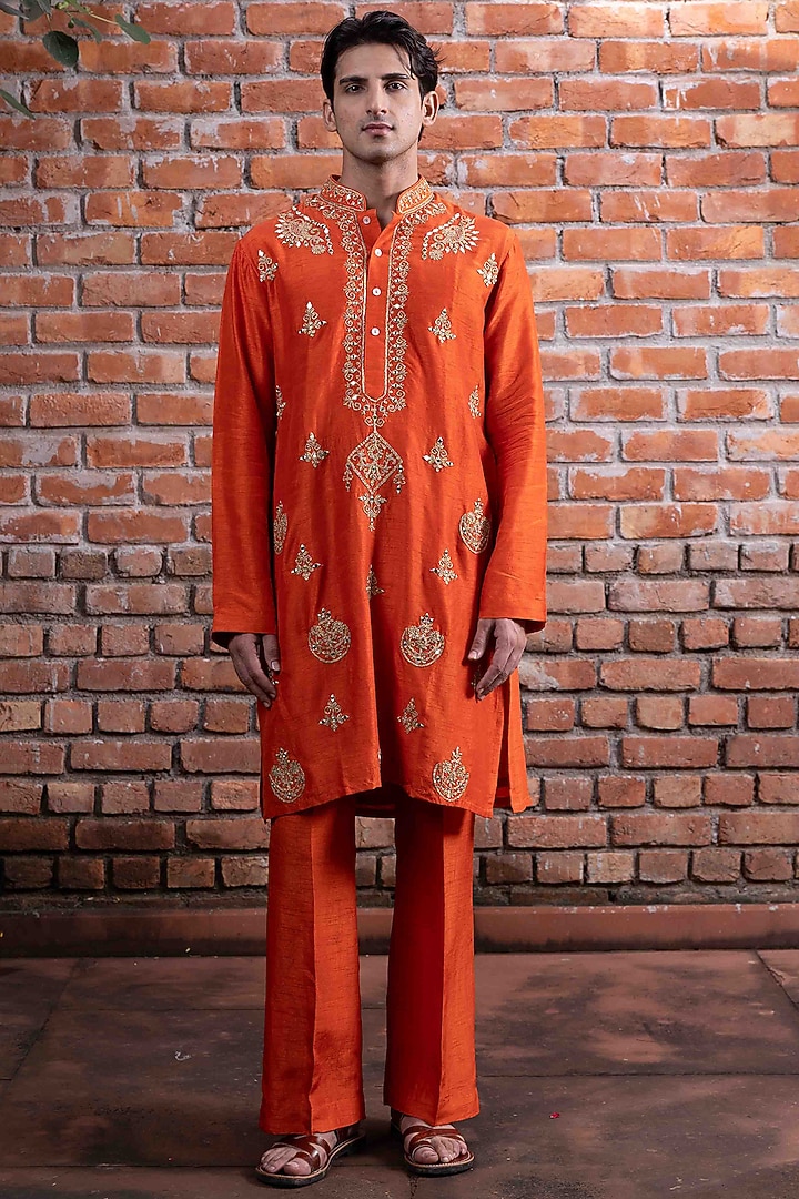 Orange Tussar Silk Resham Work Kurta Set by NAFS at Pernia's Pop Up Shop
