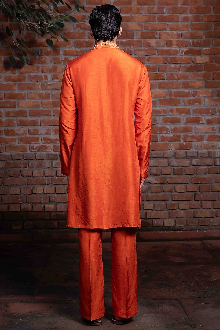 Orange Tussar Silk Resham Work Kurta Set by NAFS at Pernia's Pop Up Shop