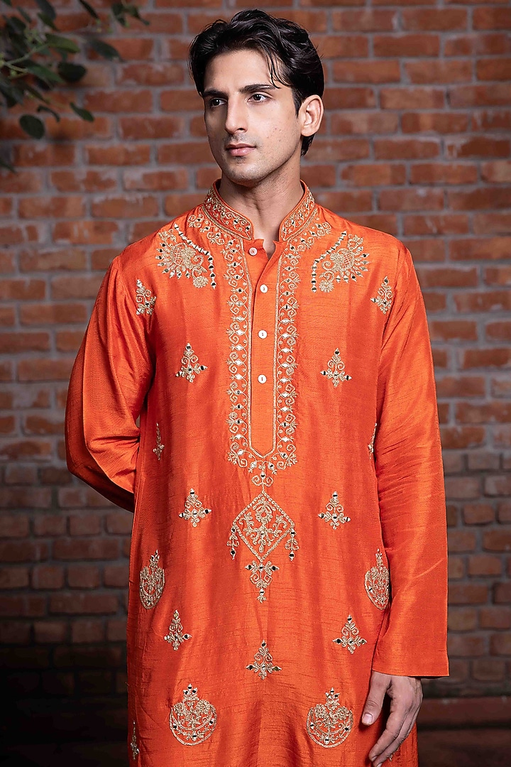 Orange Tussar Silk Resham Work Kurta Set by NAFS at Pernia's Pop Up Shop