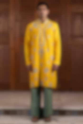 Sunflower Yellow Tussar Silk Resham Work Kurta Set by NAFS at Pernia's Pop Up Shop