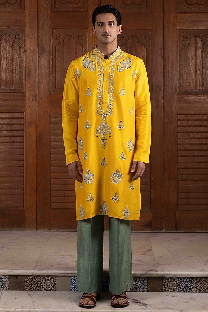 Sunflower Yellow Tussar Silk Resham Work Kurta Set by NAFS at Pernia's Pop Up Shop