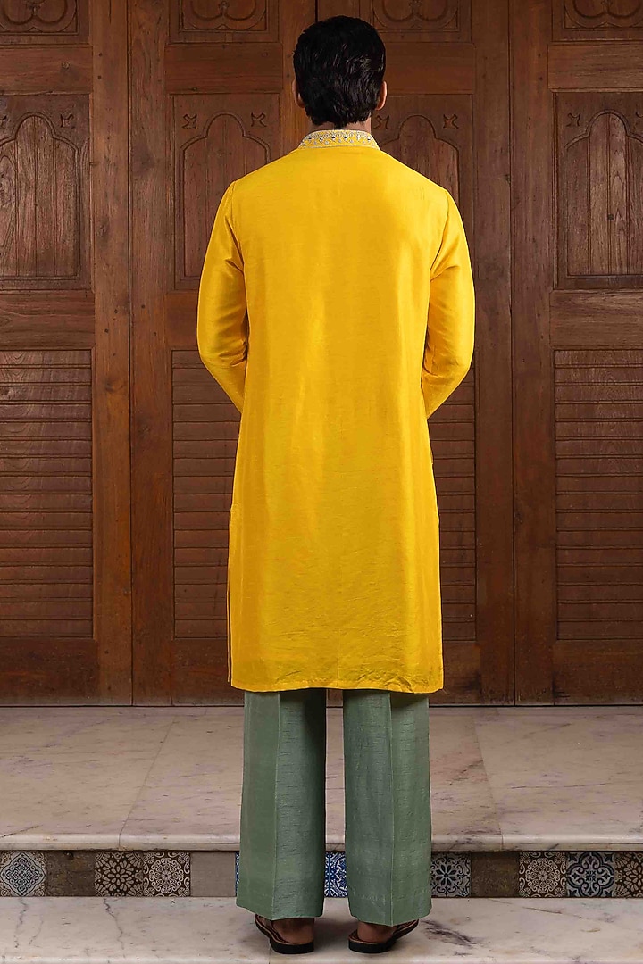 Sunflower Yellow Tussar Silk Resham Work Kurta Set by NAFS at Pernia's Pop Up Shop