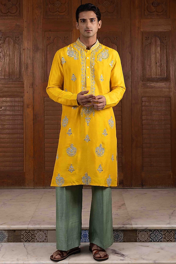 Sunflower Yellow Tussar Silk Resham Work Kurta Set by NAFS at Pernia's Pop Up Shop