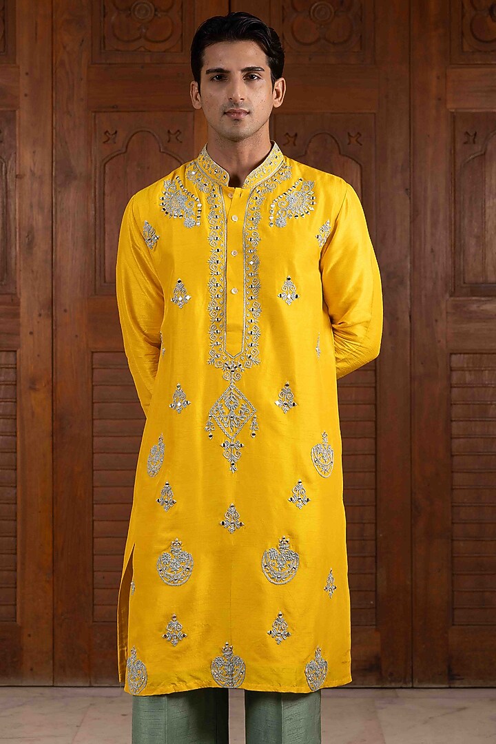 Sunflower Yellow Tussar Silk Resham Work Kurta Set by NAFS at Pernia's Pop Up Shop