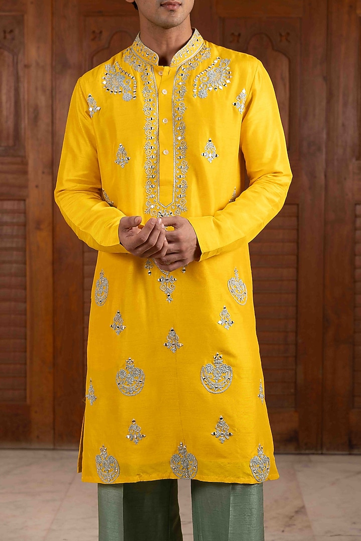 Sunflower Yellow Tussar Silk Resham Work Kurta Set by NAFS at Pernia's Pop Up Shop