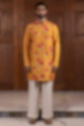 Yellow Tussar Silk Floral Thread Embroidered Kurta Set by NAFS
